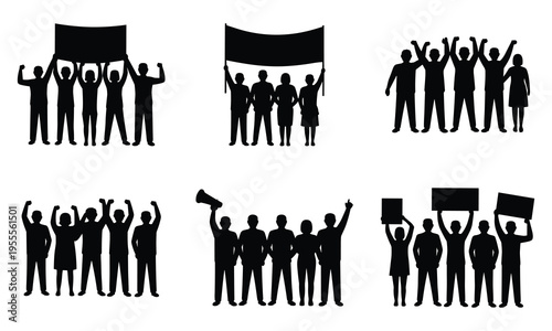 Protestors silhouettes holding banners, signs, and megaphones in unity