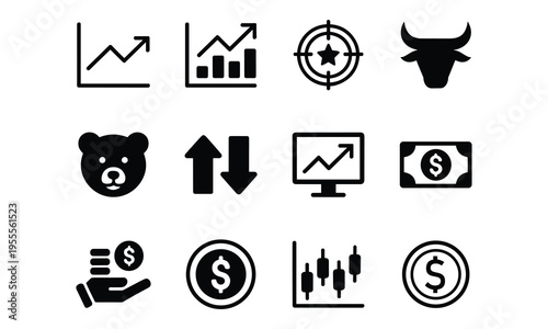 Finance and trading icons: stock market charts, bull, bear, money, target