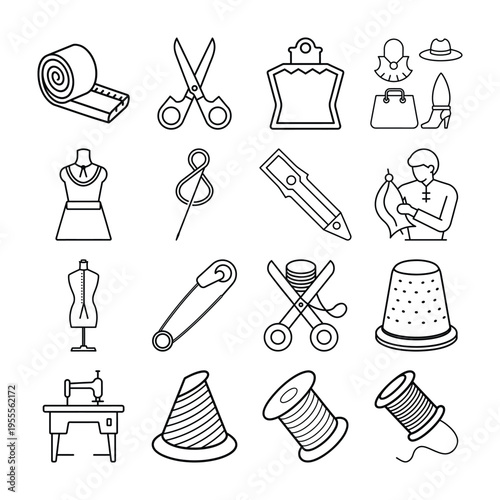 Tailoring, Sewing Tools and Fashion Design Line Art Icon Set