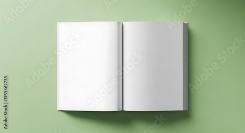 Open blank white book pages on a soft green background with subtle shadow open book blank pages