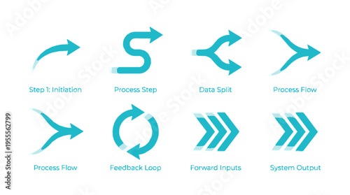 Futuristic flow direction symbols set with smooth curved arrows and loops in teal blue for process diagrams