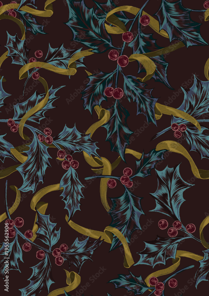 Fototapeta premium Vintage Christmas Holly Pattern - Dark Teal Leaves, Red Berries and Golden Ribbons on Maroon Seamless Background