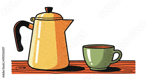 Retro flat illustration of a yellow coffee pot and a green ceramic mug on a wooden table. Classic mid-century kitchen interior style.