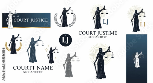 Justice scale and law symbols with lady justice illustrations court logo designs