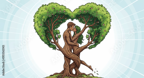 Lover couple hug on tree roots heart shape green leaves white background romantic love