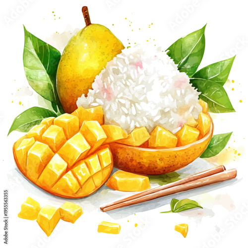 Mango Sticky Rice, semi-realistic fantasy artwork, realistic details with magical touch, watercolor painting, white background