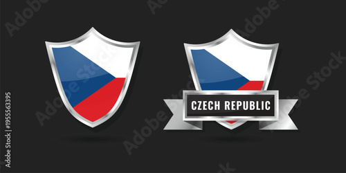 High-quality Czechia and Bohemia flag shield icons with a shiny silver border and ribbon.[1] Ideal for representing the Czech Republic in international events, sports, and tourism graphics.
