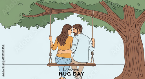 Loving couple sharing a romantic kiss on a swing under a tree on hug day
