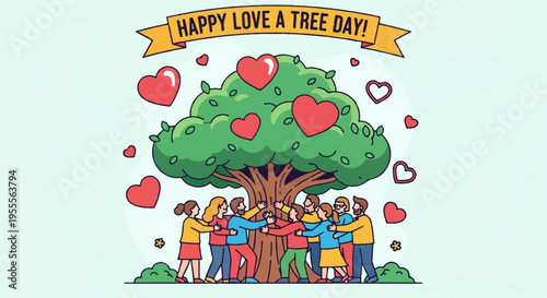 Diverse group of people hugging a tree with hearts celebrating love a tree day outdoors
