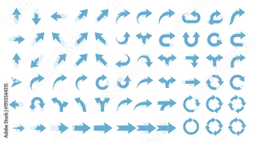 Collection of blue motion arrows and direction icons on white background for infographics