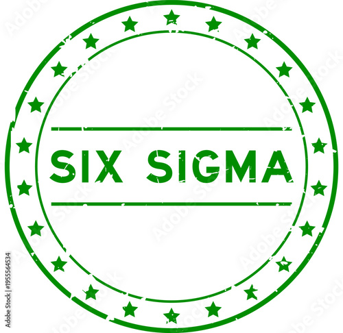 Foto Grunge green six sigma word round rubber seal stamp on white background