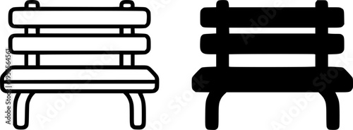 Park bench illustration icon, in outline and silhouette design