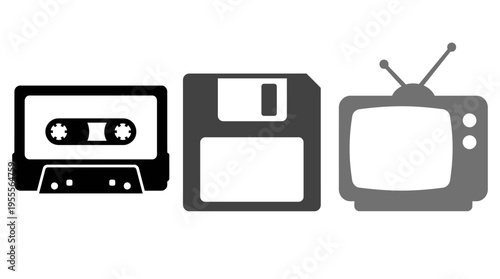 Vintage Technology Icons Cassette, Floppy Disk, and TV