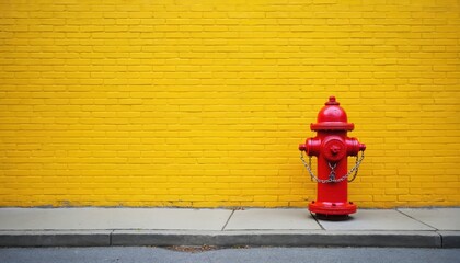 Red fire hydrant stands on grey sidewalk against vibrant yellow brick wall. Urban exterior detail, simple street scene, outdoor public utility equipment.