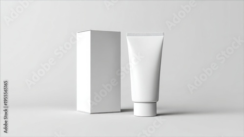 Minimalist packaging featuring a tube and box, suggesting a skincare product launch. A tube box mockup