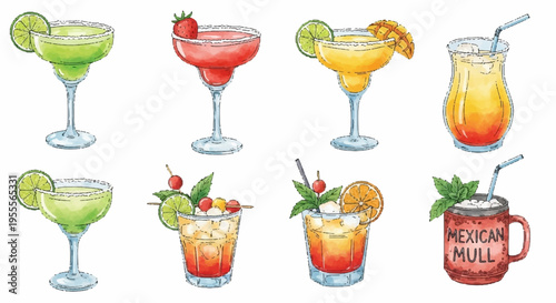 Colorful cocktails and drinks with umbrellas and straws on white background