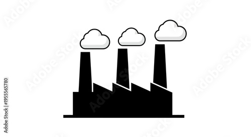 Industrial factory silhouette icon with smokestacks emitting white clouds, environmental pollution concept, isolated on white background