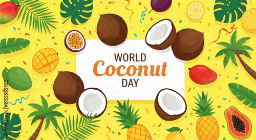 Vibrant world coconut day illustration with tropical fruits and leaves on bright yellow background