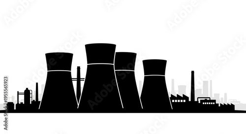 Nuclear Power Plant and Industrial Factory Skyline Silhouette on White Background