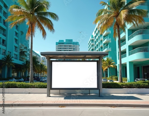 Blank horizontal ad poster at Miami beach bus stop. Modern turquoise buildings and palm trees line city street. Space for text overlay and marketing.