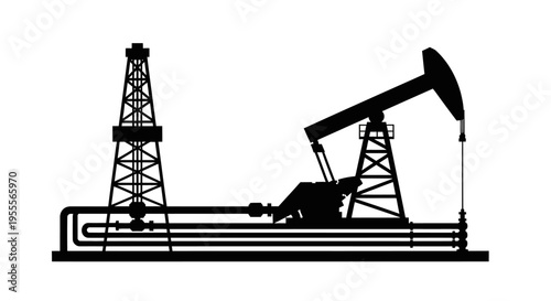Oil Rig and Pumpjack Silhouette Illustration - Industrial Energy, Petroleum Drilling and Fuel Extraction Vector Design