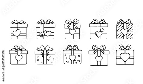 Elegant gift box icon set black white heart present minimalist romantic vector