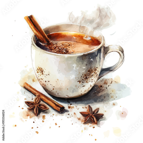 Chai Tea, clean semi-realistic fantasy style, soft magical glow, watercolor artwork, white backgroundv
