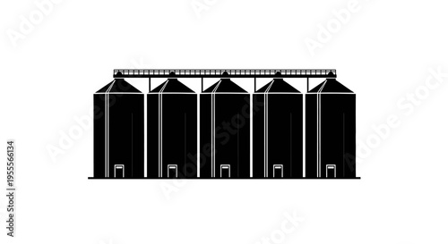 Industrial Grain Silos Silhouette Icon, Vector Illustration of Agricultural Storage Tanks for Agribusiness and Farming Logistics