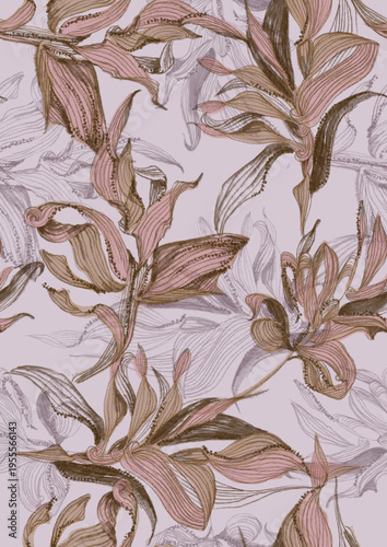 Dusty Rose and Mocha Botanical Lily Seamless Pattern - Vintage Hand Drawn Floral Textile Print on Blush Background