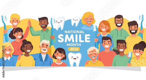 Diverse group of people smiling for national smile month with colorful illustrations