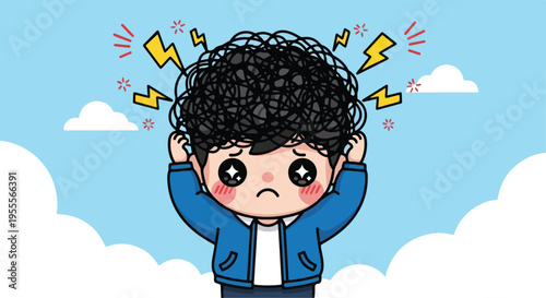 Cartoon illustration of a frustrated young boy with curly black hair and a blue jacket standing amidst lightning bolts and clouds with a worried expression on his face.
