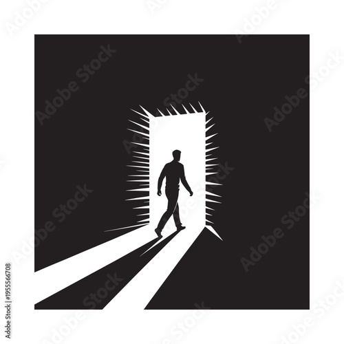 A silhouetted figure walks towards a brightly lit doorway symbolizing hope and transition