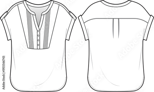 Women's Bib Front Peasant Blouse with Cap Sleeves Fashion Flat Sketch - Front and Back View