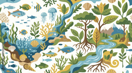Nature Inspired Seamless Pattern of Interconnected Marine and Forest