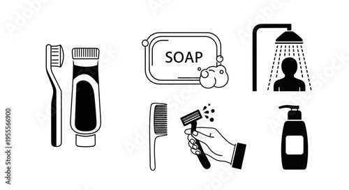 Hygiene Routine Icons: Toothbrush, Soap, Shower, Razor, Comb, Lotion