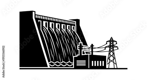 Hydroelectric Dam and Power Station Vector Illustration - Sustainable Renewable Energy Concept in Black and White