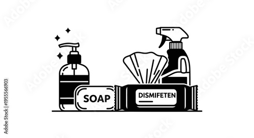 Hygiene Products: Soap, Disinfectant Wipes, and Spray Bottle for Cleaning