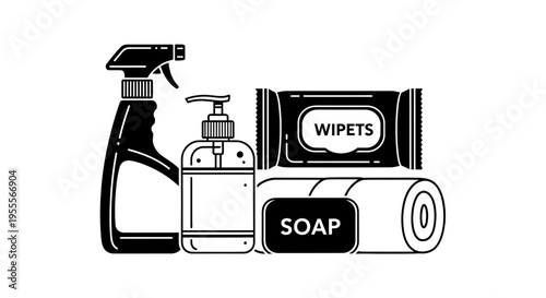Hygiene Products: Spray Bottle, Soap Dispenser, Wipes, and Soap Bar