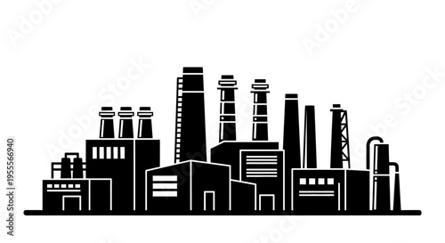 Industrial Factory and Manufacturing Plant Silhouette Vector Icon - Minimalist Urban Power Plant Landscape with Smokestacks and Cooling Towers