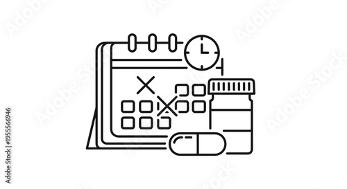 Medical Calendar with Pill and Time Icon: Healthcare Schedule and Medication Reminder