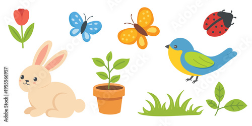 Spring nature set with cute bunny bird and garden tools