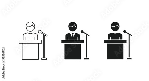 Flat design illustration of three people speaking at podiums with microphones against a clean white background.