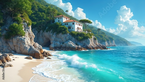 White houses sit on rocky cliffs above a sandy beach and clear blue ocean. Waves crash on the shore near green tropical foliage and palm trees. Sunny sky has fluffy white clouds.