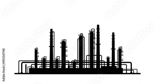 Industrial Oil Refinery Silhouette - Factory and Chemical Plant Infrastructure Isolated on White Background