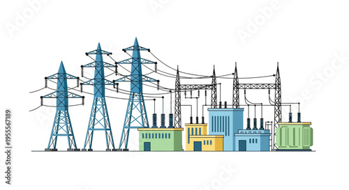 Electrical Substation Illustration with High-Voltage Power Lines, Pylons, and Transformers for Energy Infrastructure