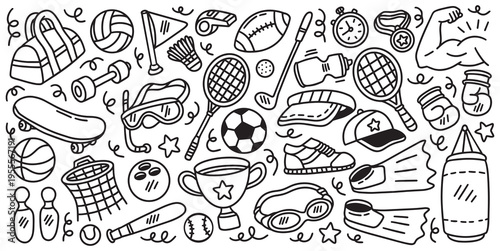 Set of hand drawn sports element doodle vector illustration