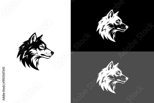 Stylized black and white wolf head logo design in profile, showcasing a fierce and detailed illustration suitable for branding and sports teams.