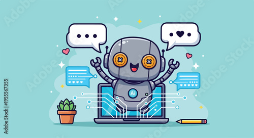 A cheerful robot interacts with a laptop and speech bubbles on a light blue background with a potted plant and pencil nearby.