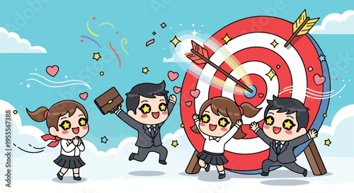 Cartoon illustration of four business professionals celebrating around a dartboard with a bullseye in a colorful, whimsical setting with confetti and hearts.