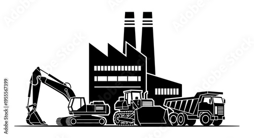 Industrial Landscape Silhouette with Factory and Heavy Construction Machinery